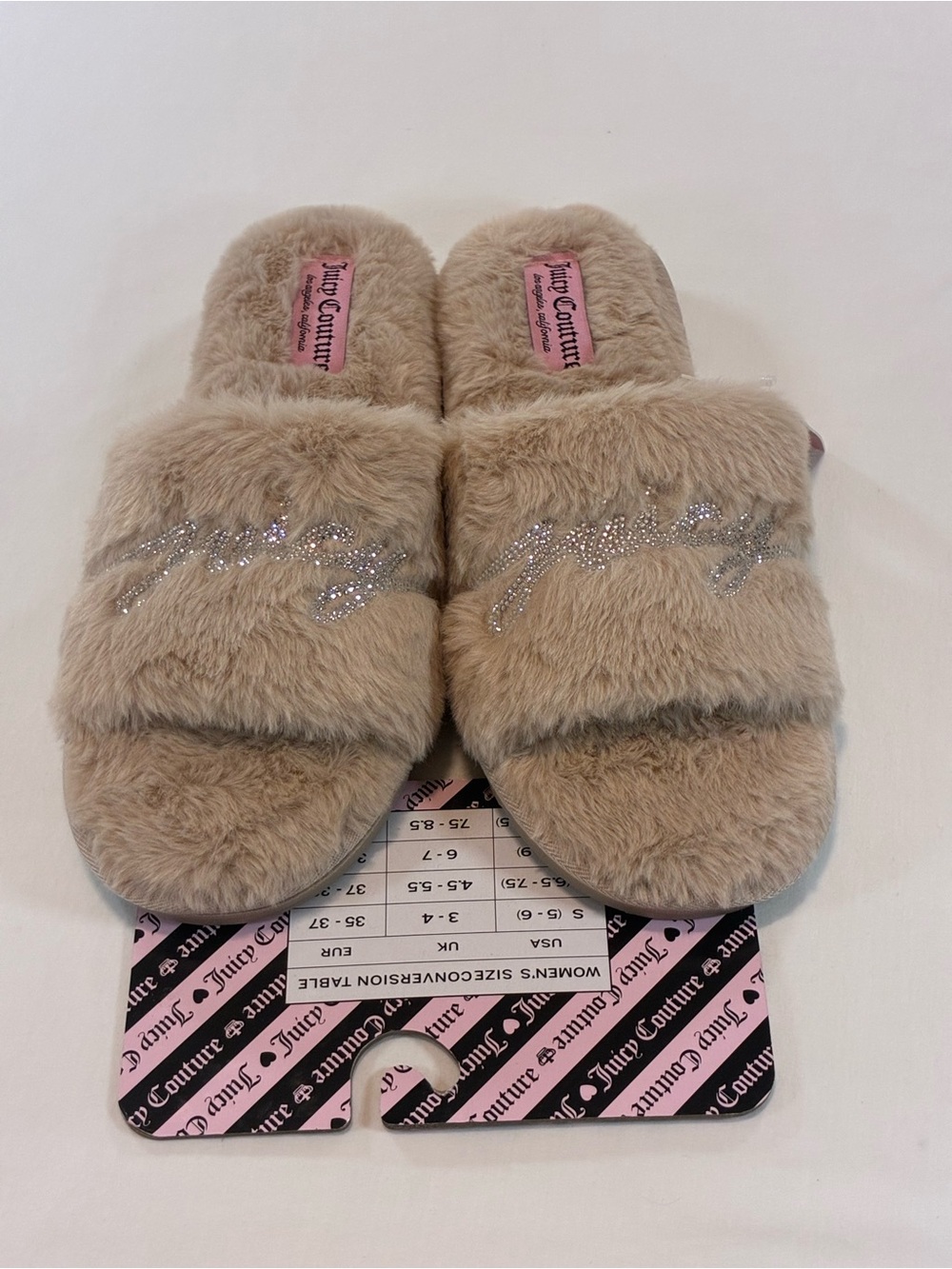 Juicy Couture Beige Faux Fur Slide Slippers with Rhinestone Script